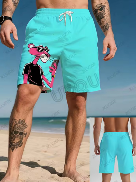 Ανδρικά σορτς παραλίας με λεοπάρ τύπωμα - Ψηφιακή εκτύπωση, Ύφασμα Bird`s Eye, Πολυεστέρας 91–95%, Μη ελαστικό, Μικρή ίσια γραμμή ποδιού