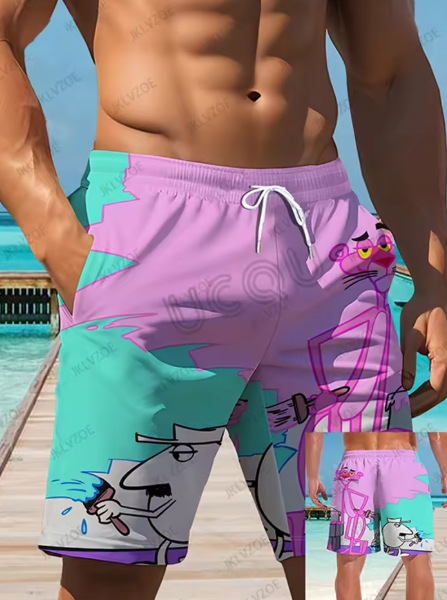 Ανδρικά σορτς παραλίας με λεοπάρ τύπωμα - Ψηφιακή εκτύπωση, Ύφασμα Bird`s Eye, Πολυεστέρας 91–95%, Μη ελαστικό, Μικρή ίσια γραμμή ποδιού