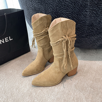 Sieviešu izjādes zābaki ar PU augšpusi, augsts kājs, asas purns, masīvs vidēja augstuma papēdis, ūdensnecaurlaidīgi