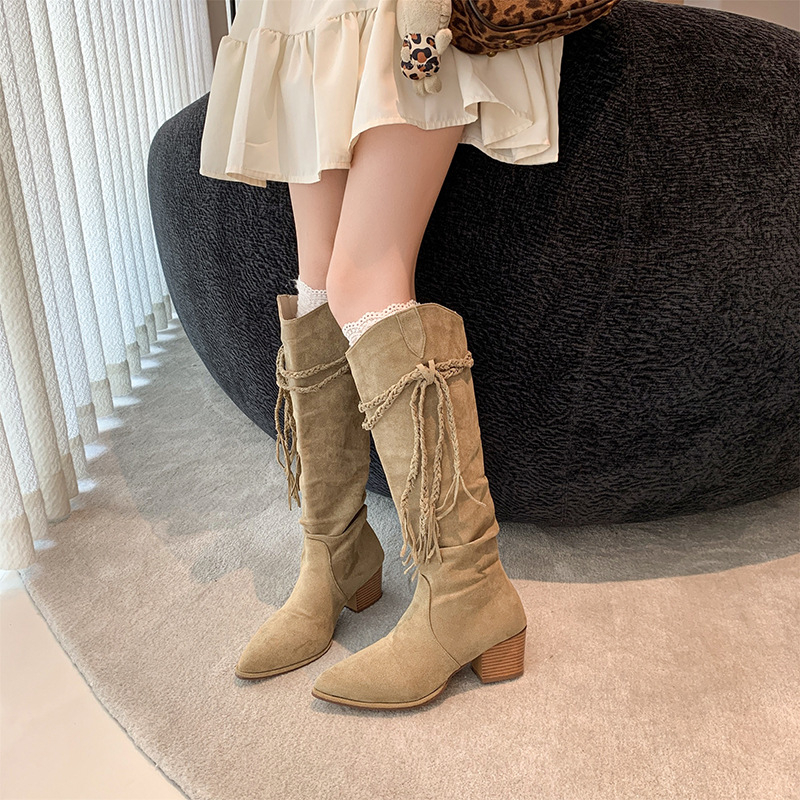 Sieviešu izjādes zābaki ar PU augšpusi, augsts kājs, asas purns, masīvs vidēja augstuma papēdis, ūdensnecaurlaidīgi