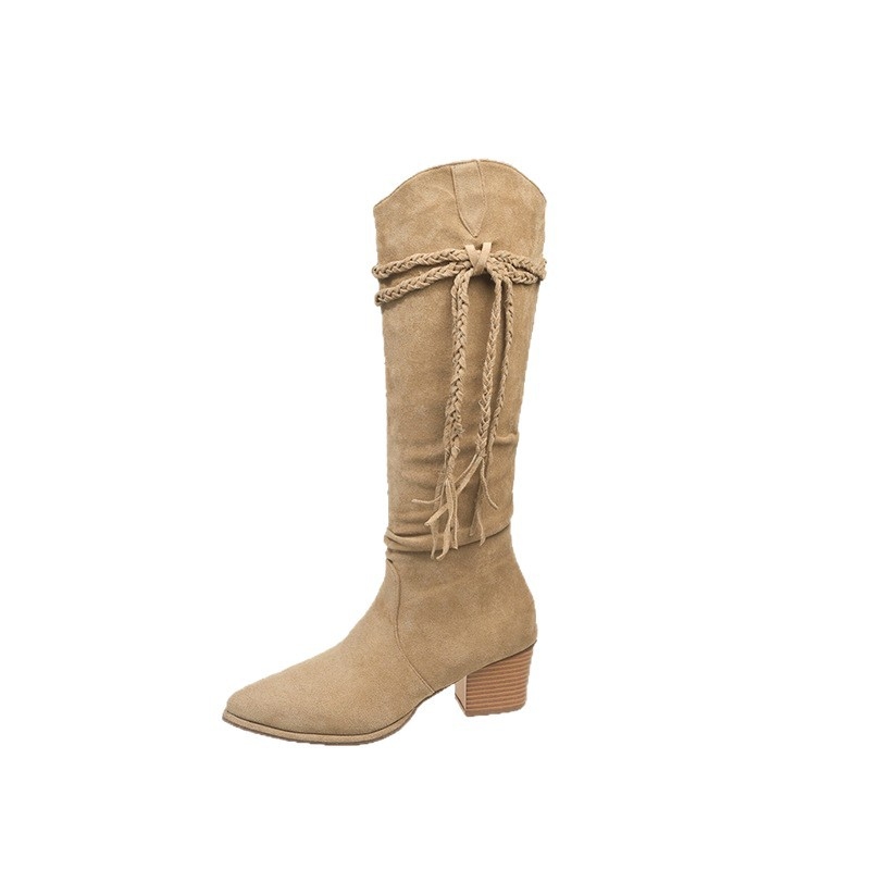 Sieviešu izjādes zābaki ar PU augšpusi, augsts kājs, asas purns, masīvs vidēja augstuma papēdis, ūdensnecaurlaidīgi