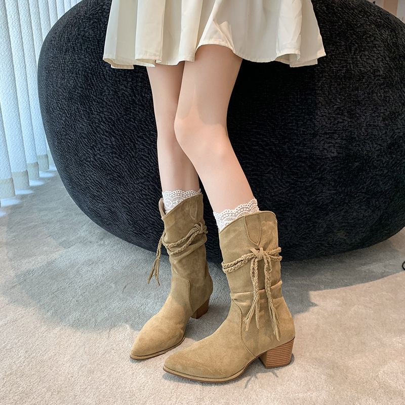 Sieviešu izjādes zābaki ar PU augšpusi, augsts kājs, asas purns, masīvs vidēja augstuma papēdis, ūdensnecaurlaidīgi