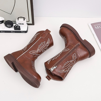 Παιδικά μποτάκια από δέρμα μικροϊνών με κέντημα, ψηλό ύψος, μοτίβο ζωγραφισμένο στο χέρι, PU πάτος, σόλα καουτσούκ