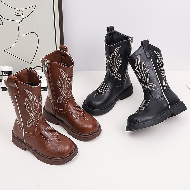 Παιδικά μποτάκια από δέρμα μικροϊνών με κέντημα, ψηλό ύψος, μοτίβο ζωγραφισμένο στο χέρι, PU πάτος, σόλα καουτσούκ