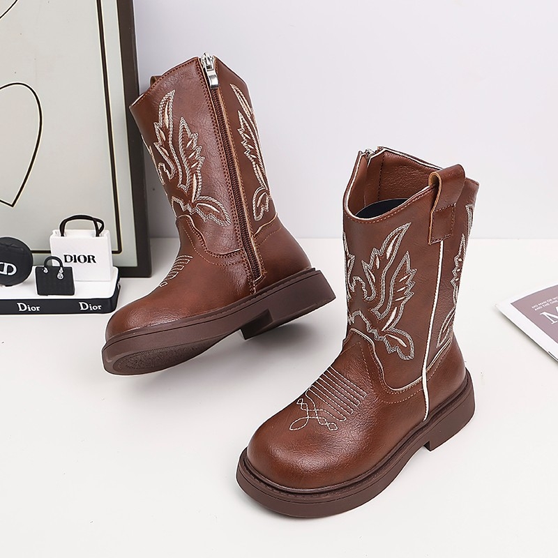 Παιδικά μποτάκια από δέρμα μικροϊνών με κέντημα, ψηλό ύψος, μοτίβο ζωγραφισμένο στο χέρι, PU πάτος, σόλα καουτσούκ