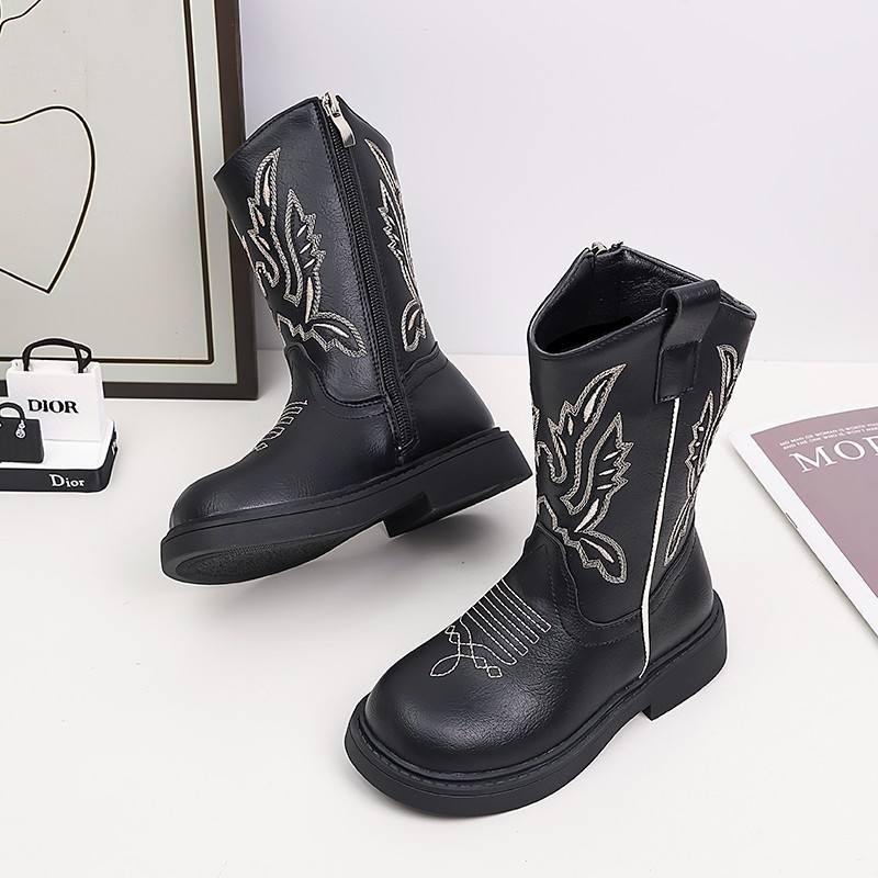 Παιδικά μποτάκια από δέρμα μικροϊνών με κέντημα, ψηλό ύψος, μοτίβο ζωγραφισμένο στο χέρι, PU πάτος, σόλα καουτσούκ