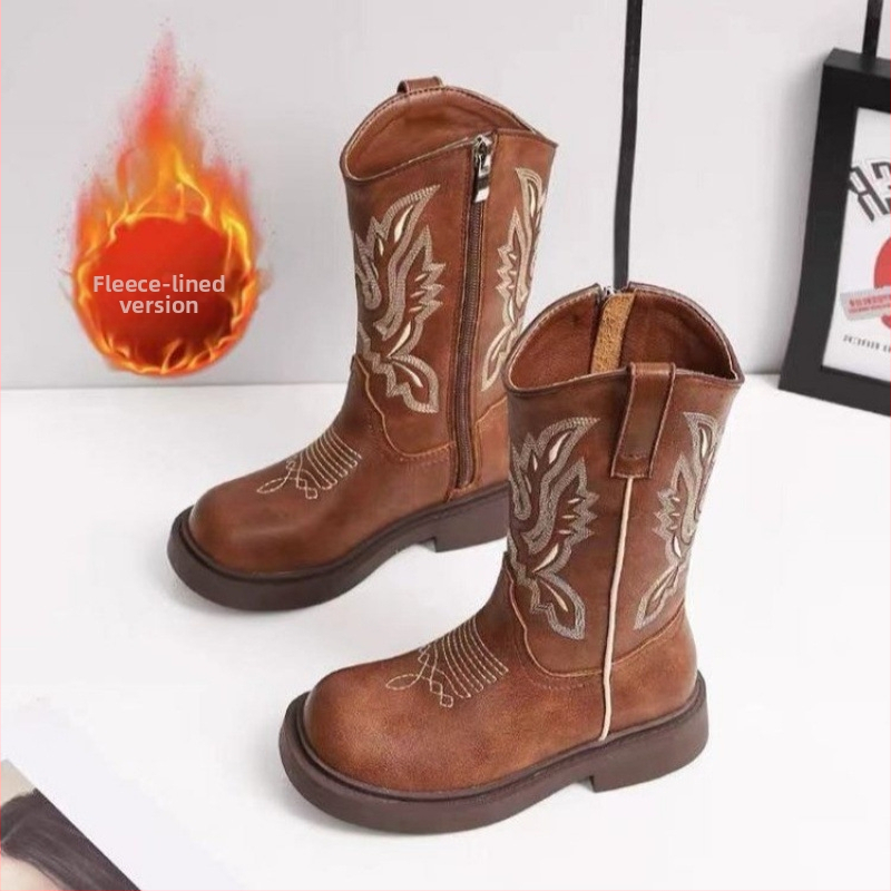 Παιδικά μποτάκια από δέρμα μικροϊνών με κέντημα, ψηλό ύψος, μοτίβο ζωγραφισμένο στο χέρι, PU πάτος, σόλα καουτσούκ