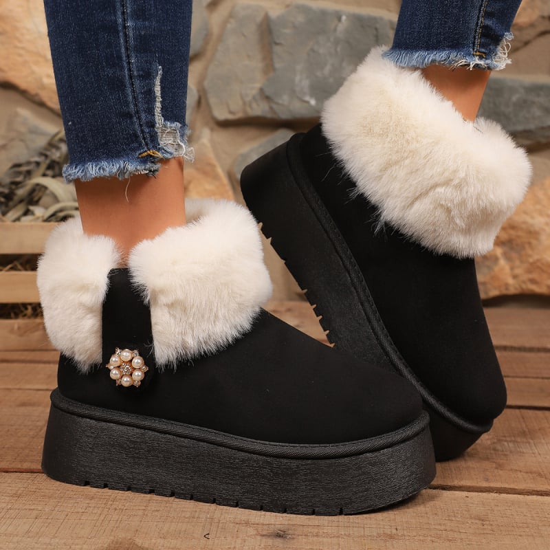 Sniega zābaki sievietēm ar bieza zole, PU augšdaļa, mākslīgās kažokādas odere, gumijas zole, zems augums