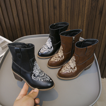 Детски момичешки мартин ботуши с нисък връх, ръчно рисувани, ултра-фибър кожа, гумена подметка, страничен цип