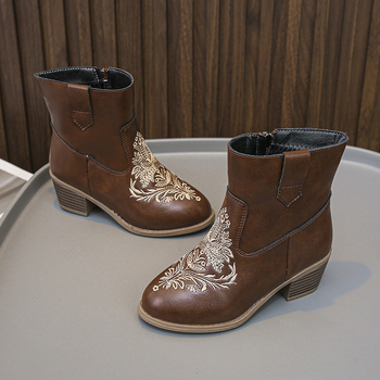 Детски момичешки мартин ботуши с нисък връх, ръчно рисувани, ултра-фибър кожа, гумена подметка, страничен цип