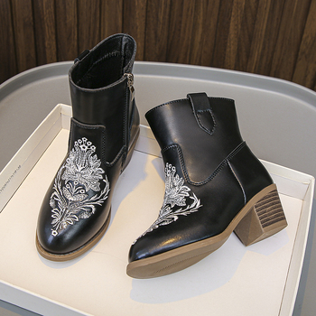 Детски момичешки мартин ботуши с нисък връх, ръчно рисувани, ултра-фибър кожа, гумена подметка, страничен цип