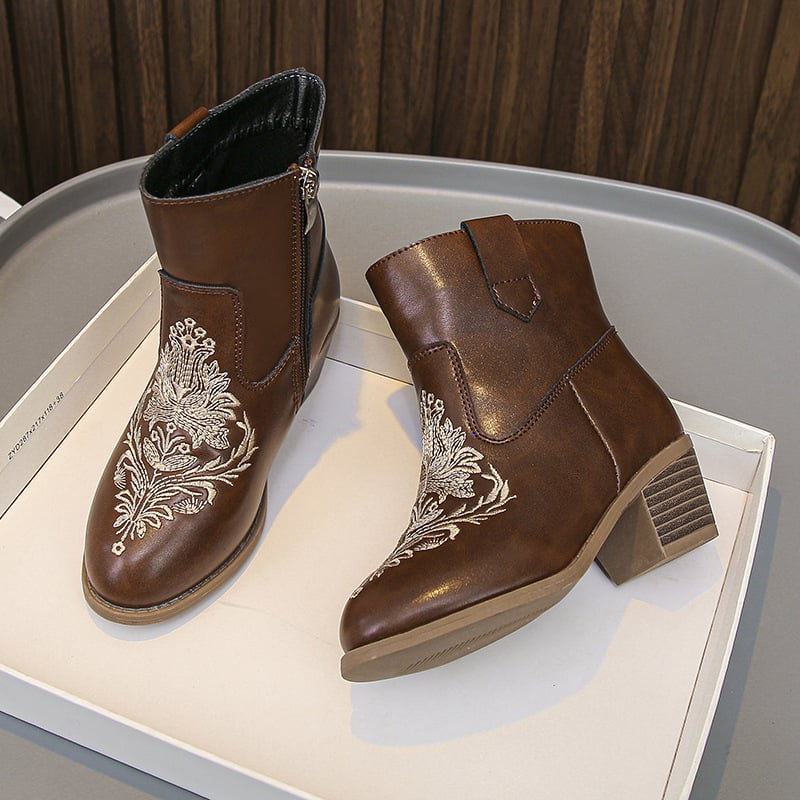 Детски момичешки мартин ботуши с нисък връх, ръчно рисувани, ултра-фибър кожа, гумена подметка, страничен цип