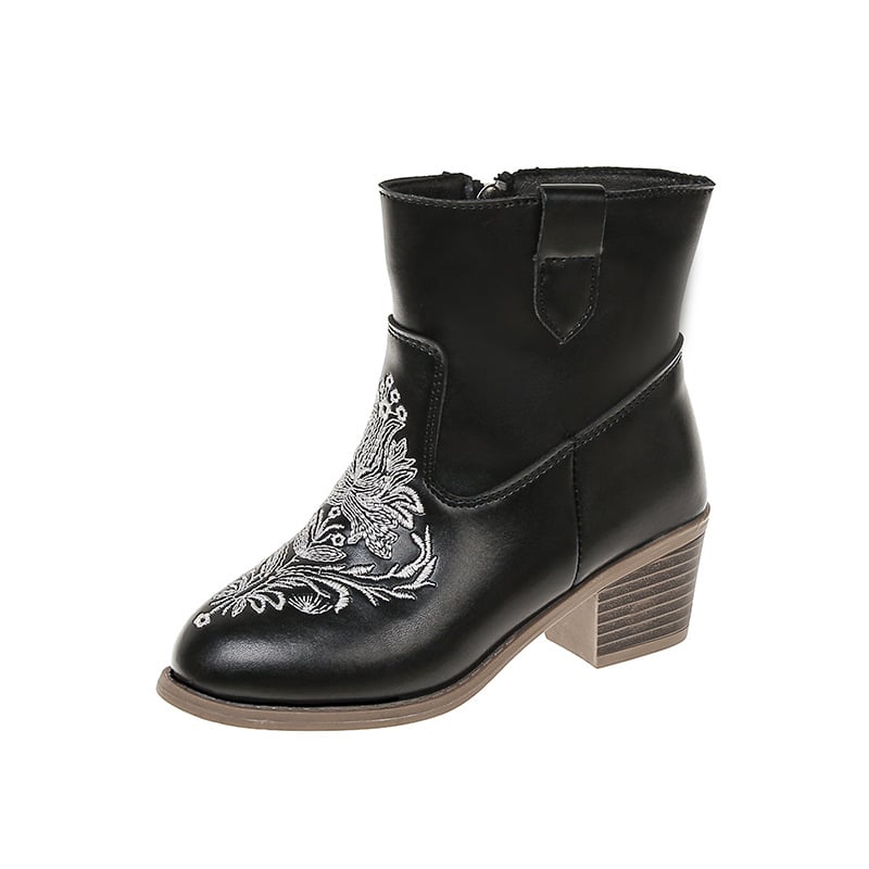 Детски момичешки мартин ботуши с нисък връх, ръчно рисувани, ултра-фибър кожа, гумена подметка, страничен цип