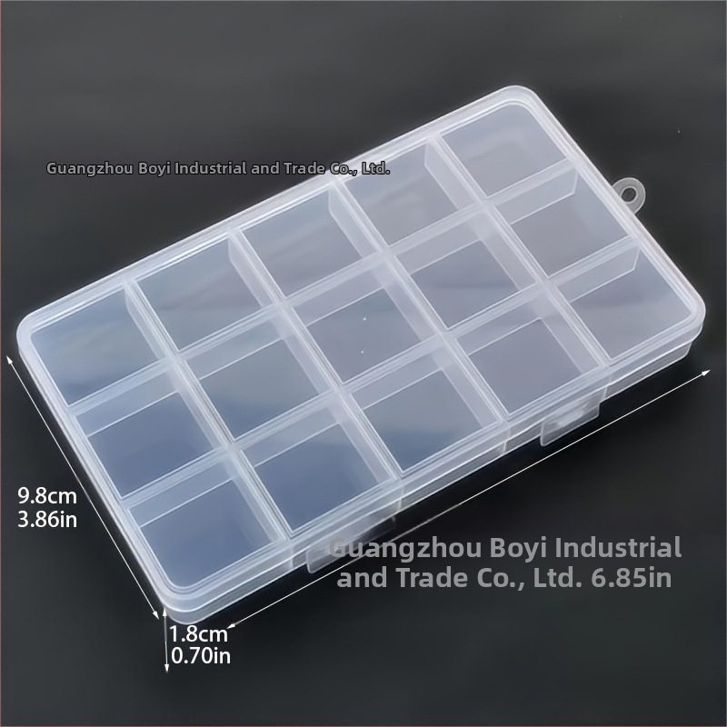Stolová úložná krabička s 15 priehradkami, priehľadný plast, s krytom a úchytkou, objem 1 l
