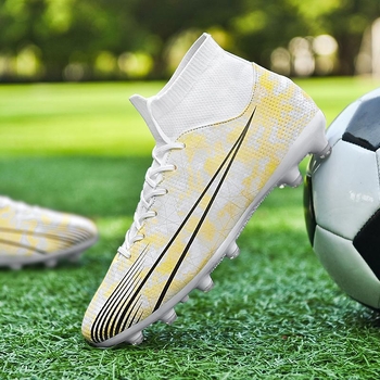 Παπούτσια ποδοσφαίρου με Ψηλό Κολάρο - Επάνω από Τεχνητό PU, Εσωτερικό από Αναπνεύσιμο Δίκτυωμα, Μακριά και Κοντά Καρφιά, Σόλα από Καουτσούκ