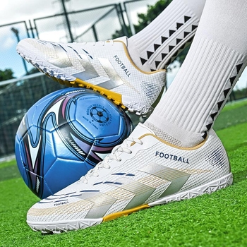 Παιδικά ποδοσφαιρικά παπούτσια για χλοοτάπητα με μακριές αγκίδες, Unisex, επάνω μέρος συνθετικό δέρμα, εξωτερική σόλα από φυσικό καουτσούκ
