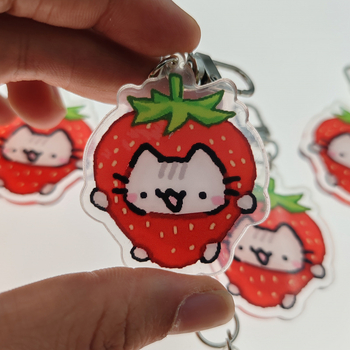 Eper tematikájú cicás kulcstartó, akril, cartoon stílus, termékkód jd601099959431520