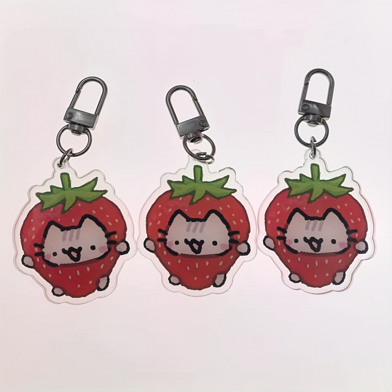 Eper tematikájú cicás kulcstartó, akril, cartoon stílus, termékkód jd601099959431520