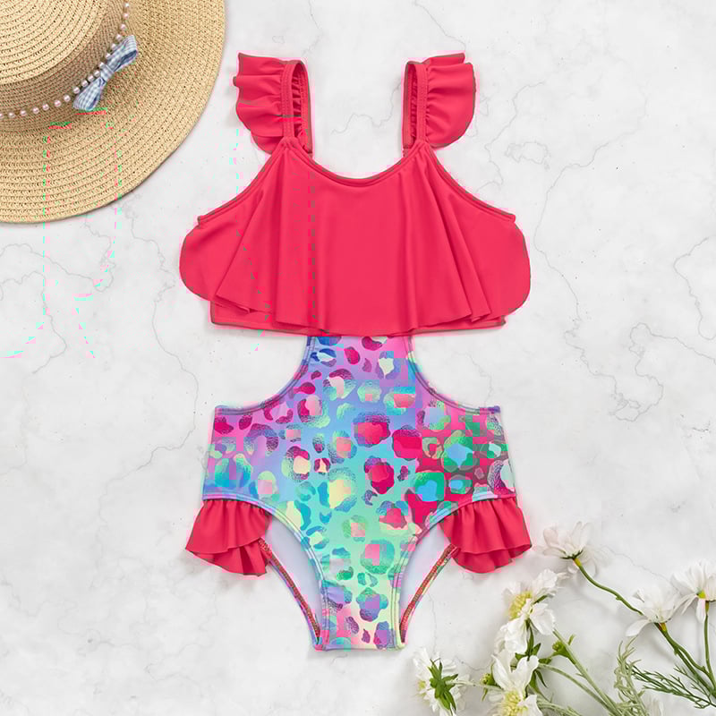 Meitenes peldkostīms ar volāniem – princeses stila, ātri žūst (Modelis: režģis un ziedu raksts; Audums: Poliesteris; Sastāvs: 82% Poliesteris; Svars: 150 g; Oderes: Poliesteris)