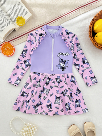 Meitenēm viengabala peldkostīms - karikatūras raksts, poliestera audums, oderes no poliestera ar spandexu; piemērots peldēšanai, vecums 4-12 gadi