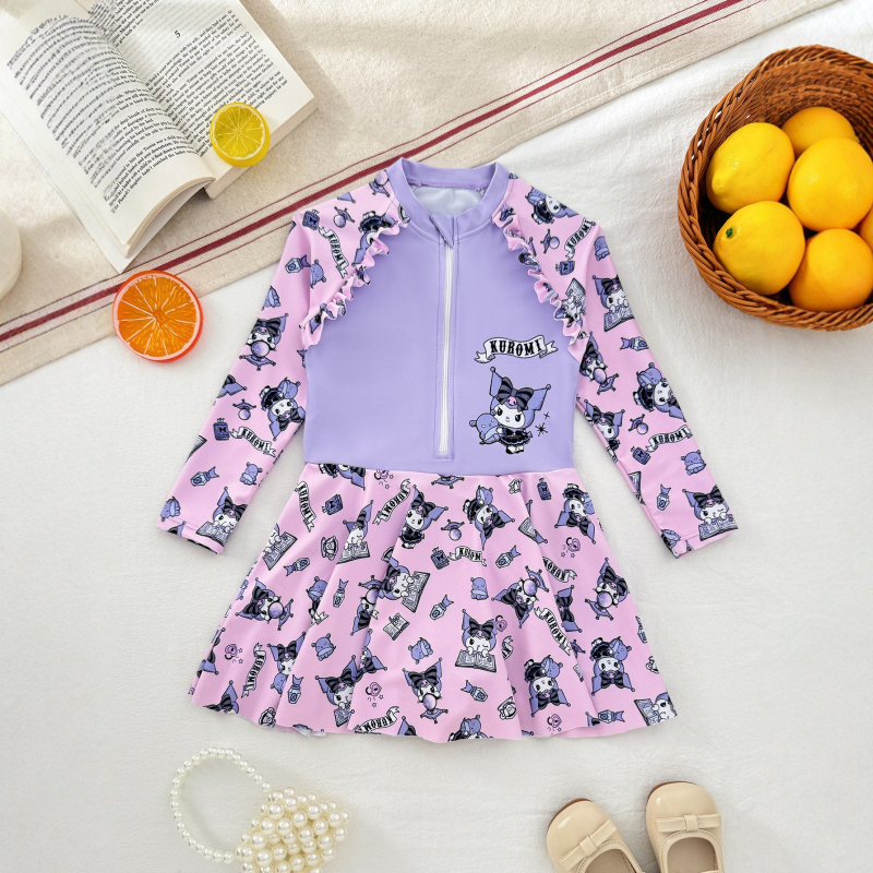 Meitenēm viengabala peldkostīms - karikatūras raksts, poliestera audums, oderes no poliestera ar spandexu; piemērots peldēšanai, vecums 4-12 gadi