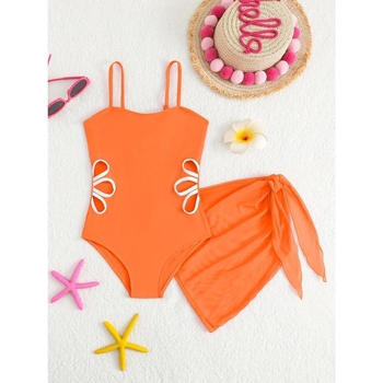 Μαγιό για κορίτσια με διάτρητο floral σχέδιο και ώμοι χωρίς τιράντες, τρίγωνο κάτω μέρος — πολυεστέρας, σύνθεση πολυπροπυλενίου