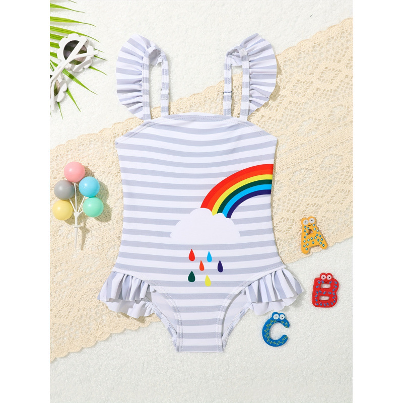 Bērnu viengabala peldkostīms ar ziedu rakstu, ātri žūst, slaids piegriezums, audums Milk Protein Fiber (51-70%)