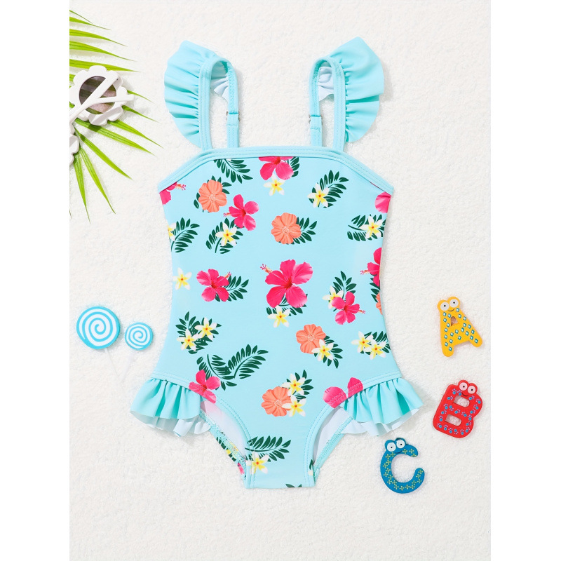 Bērnu viengabala peldkostīms ar ziedu rakstu, ātri žūst, slaids piegriezums, audums Milk Protein Fiber (51-70%)