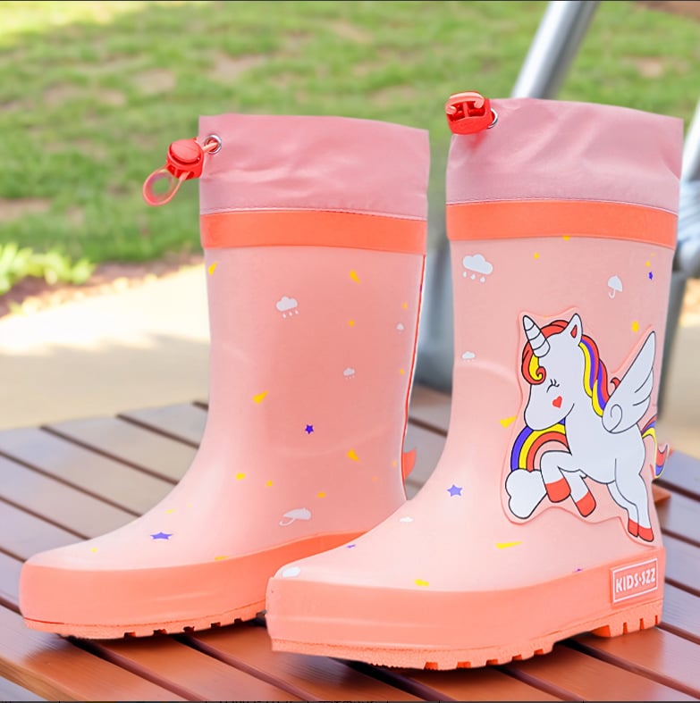 Детски гумени ботуши за дъжд с дръжка и карикатурен принт (гума; дръжка; средна височина до коляното; плосък ток;унисекс)