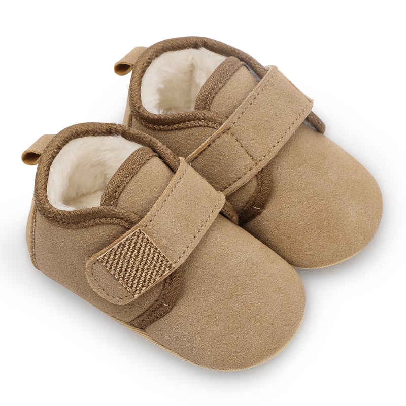 Детски зимни обувки за 12–36 месеца, подплатени с флис, горна част от памук, противохлъзгаща мека гумена подметка, лепенка, корейски стил