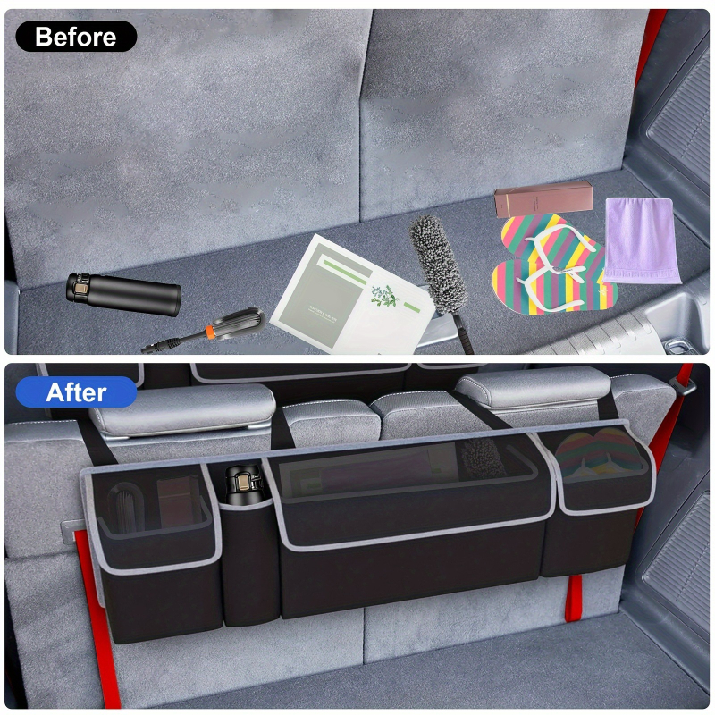 Automobilio galinės sėdynės pakabinamas organizatorius su 4 didelėmis kišenėmis – PVC medžiaga, universalus pritaikymas, 2025 m. leidimas