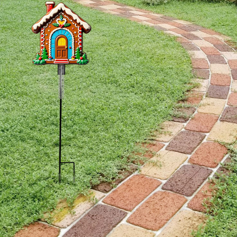 Metāla dārza lietus mērītājs modernā stilā ar meduļu mājas siluetu un Ziemassvētku eglītes motīvu; zīmols Ruino, produkta kods Clyq-0259