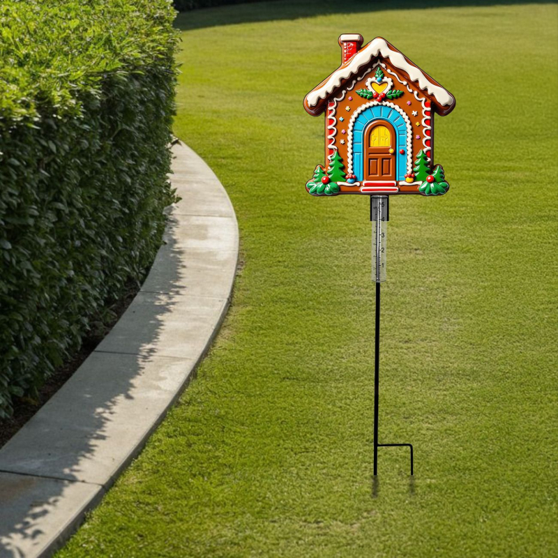 Metāla dārza lietus mērītājs modernā stilā ar meduļu mājas siluetu un Ziemassvētku eglītes motīvu; zīmols Ruino, produkta kods Clyq-0259