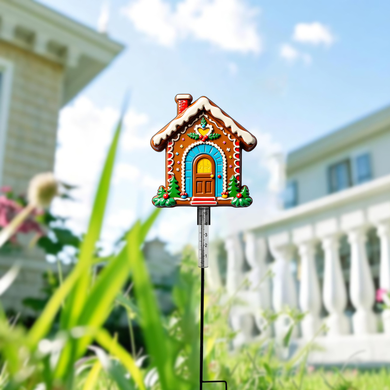 Metāla dārza lietus mērītājs modernā stilā ar meduļu mājas siluetu un Ziemassvētku eglītes motīvu; zīmols Ruino, produkta kods Clyq-0259