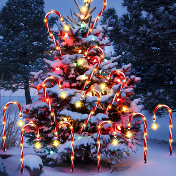 Candy Cane слънчева коледна лампа за двор със 10 светлини, IP65 водоустойчиво, вход ≤36V, управление с бутон
