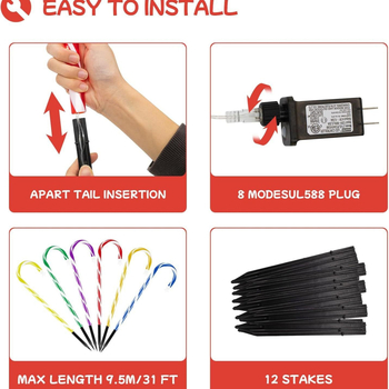 Candy Cane слънчева коледна лампа за двор със 10 светлини, IP65 водоустойчиво, вход ≤36V, управление с бутон