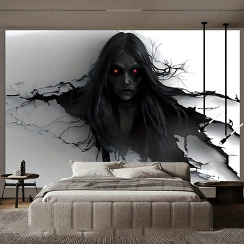 Falikárpit horrormotívummal: vörös szemű női szellem áttöri a falat; Peach Skin anyag, fő alkotó 81–90%, másodlagos pamut, könnyed luxus stílus, digitális hőtranszfer