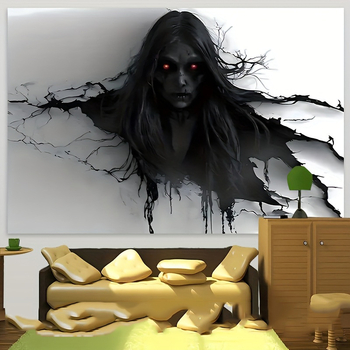 Falikárpit horrormotívummal: vörös szemű női szellem áttöri a falat; Peach Skin anyag, fő alkotó 81–90%, másodlagos pamut, könnyed luxus stílus, digitális hőtranszfer