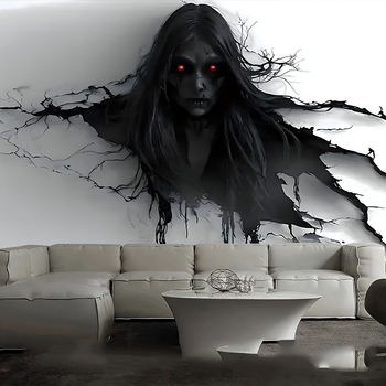 Falikárpit horrormotívummal: vörös szemű női szellem áttöri a falat; Peach Skin anyag, fő alkotó 81–90%, másodlagos pamut, könnyed luxus stílus, digitális hőtranszfer