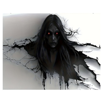 Falikárpit horrormotívummal: vörös szemű női szellem áttöri a falat; Peach Skin anyag, fő alkotó 81–90%, másodlagos pamut, könnyed luxus stílus, digitális hőtranszfer