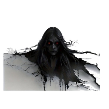 Falikárpit horrormotívummal: vörös szemű női szellem áttöri a falat; Peach Skin anyag, fő alkotó 81–90%, másodlagos pamut, könnyed luxus stílus, digitális hőtranszfer