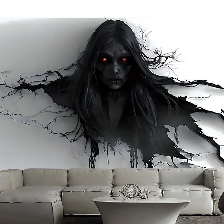 Falikárpit horrormotívummal: vörös szemű női szellem áttöri a falat; Peach Skin anyag, fő alkotó 81–90%, másodlagos pamut, könnyed luxus stílus, digitális hőtranszfer