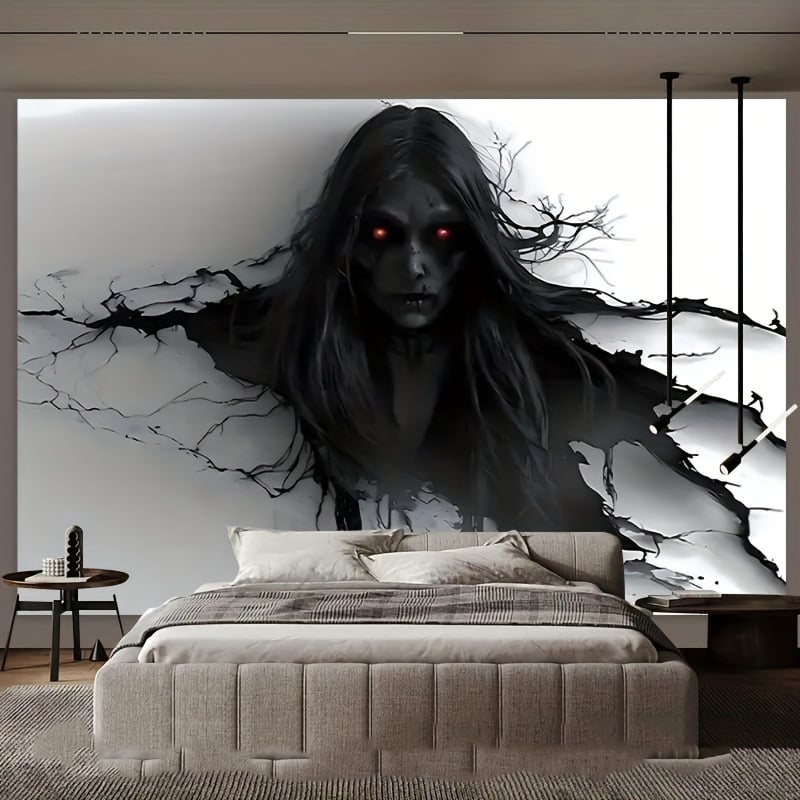 Стенно гоблен с хорър мотив: призрак с червени очи пробива стена; Peach Skin материя, основна 81–90%, вторична памук, стил лукс лек, дигитален топлинен трансфер