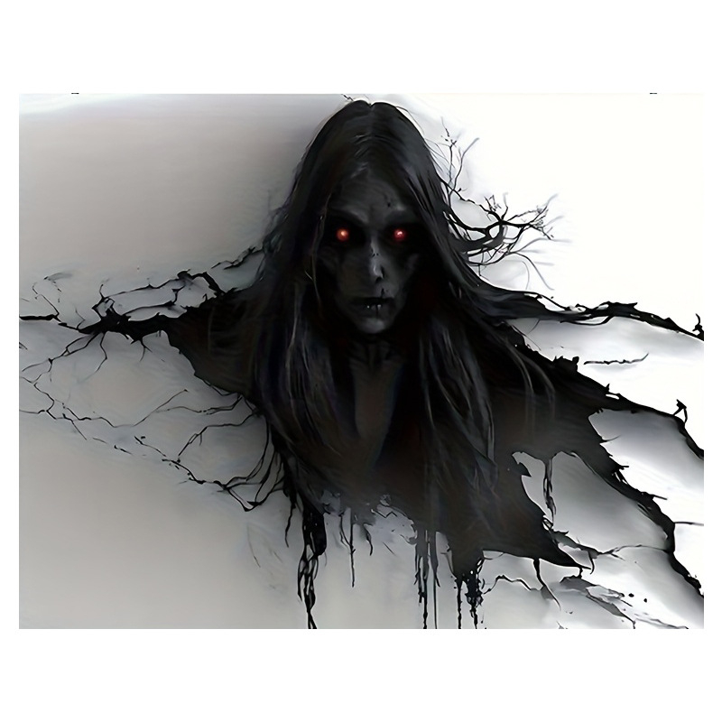 Falikárpit horrormotívummal: vörös szemű női szellem áttöri a falat; Peach Skin anyag, fő alkotó 81–90%, másodlagos pamut, könnyed luxus stílus, digitális hőtranszfer