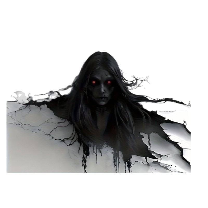 Falikárpit horrormotívummal: vörös szemű női szellem áttöri a falat; Peach Skin anyag, fő alkotó 81–90%, másodlagos pamut, könnyed luxus stílus, digitális hőtranszfer