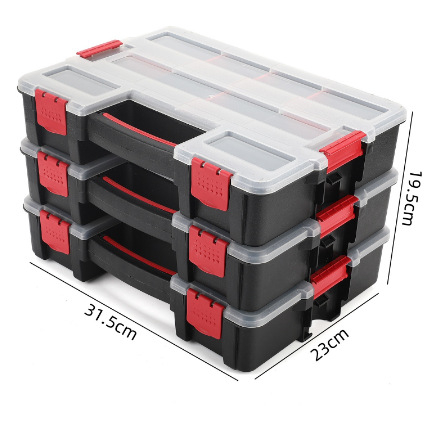 Plastikinė įrankių dėžė, rankinė, trisluoksnė, sulankstoma, su keliais skyriais ir nuimamais skirstytuvais