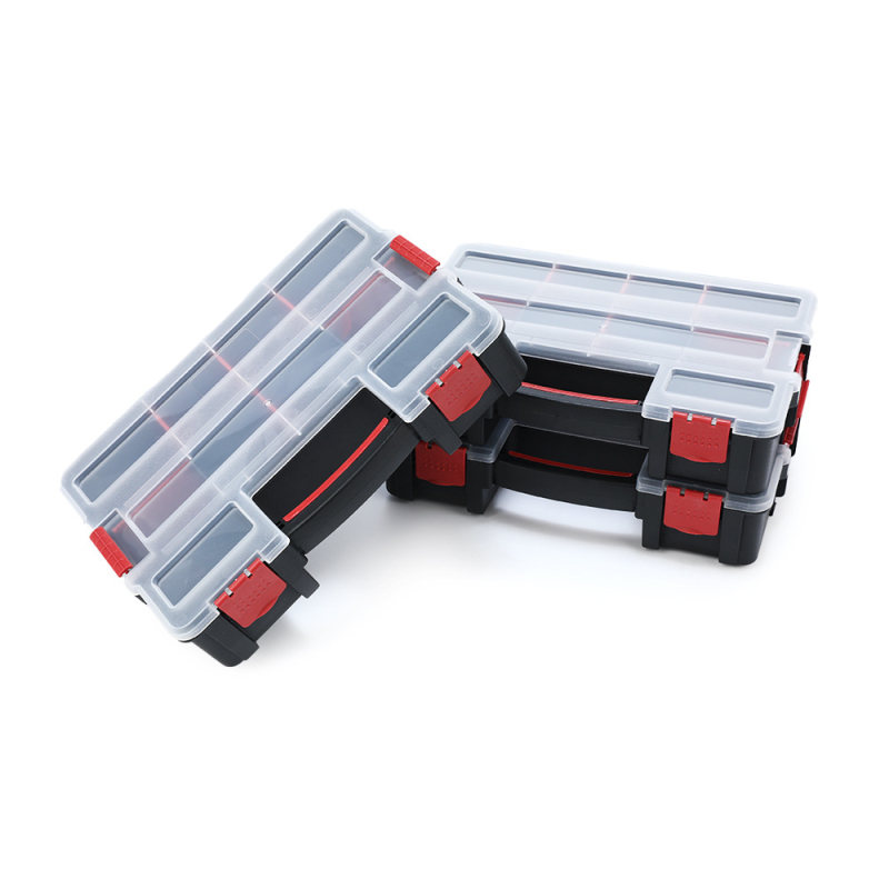 Plastikinė įrankių dėžė, rankinė, trisluoksnė, sulankstoma, su keliais skyriais ir nuimamais skirstytuvais