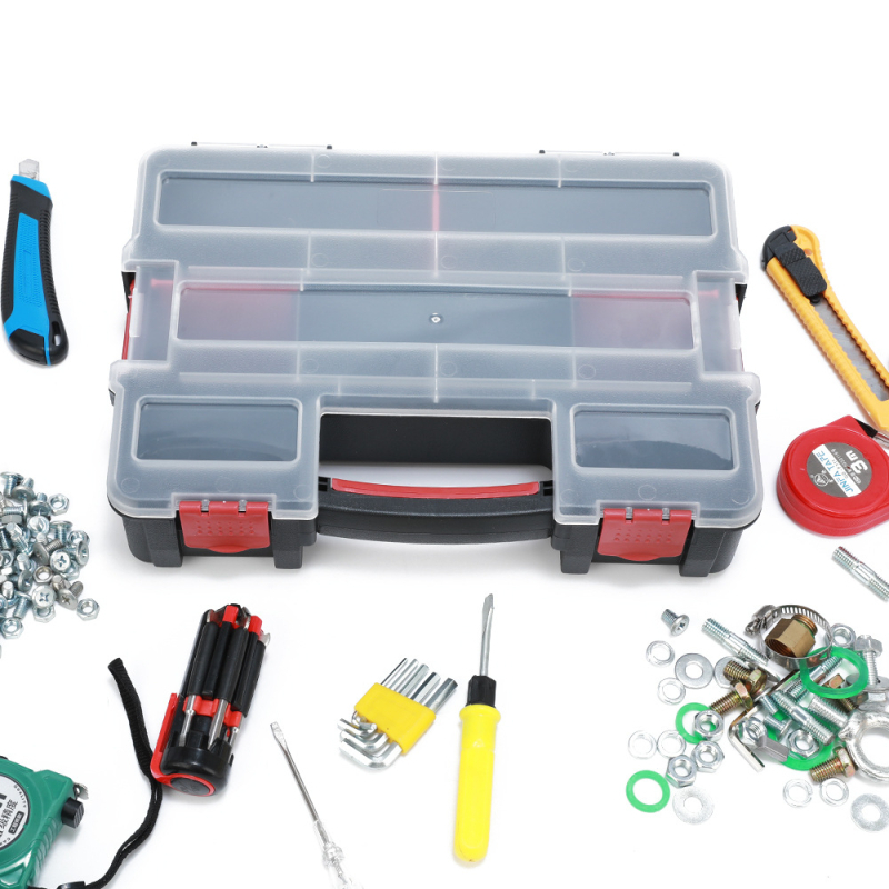 Plastikinė įrankių dėžė, rankinė, trisluoksnė, sulankstoma, su keliais skyriais ir nuimamais skirstytuvais