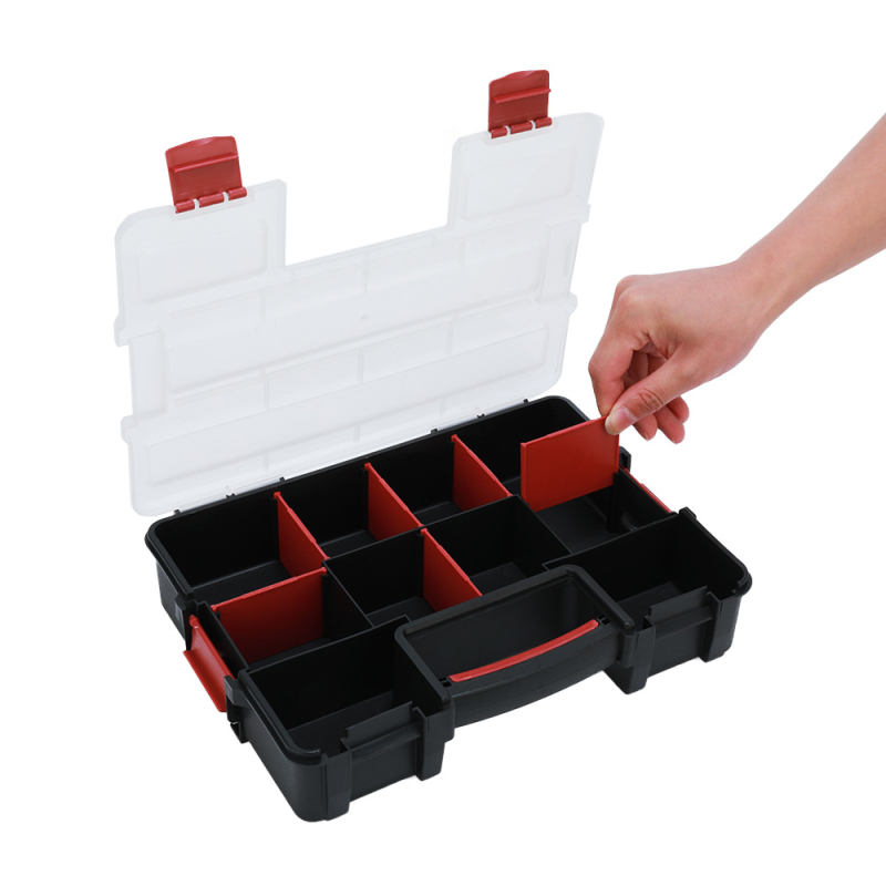 Plastikinė įrankių dėžė, rankinė, trisluoksnė, sulankstoma, su keliais skyriais ir nuimamais skirstytuvais