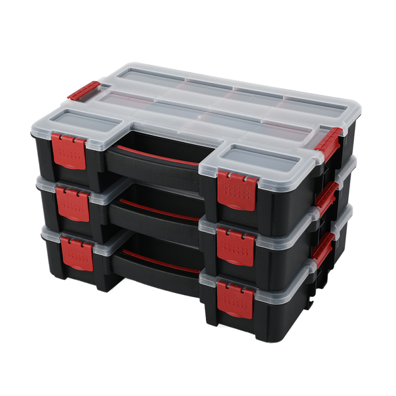 Plastikinė įrankių dėžė, rankinė, trisluoksnė, sulankstoma, su keliais skyriais ir nuimamais skirstytuvais